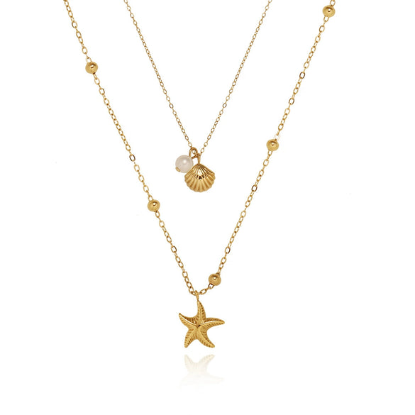 Wholesale Unisex Natural Style Double Layer Starfish Shell Clavicle Chain Stacked Necklace Titanium Steel 18K Gold Vacuum Plated
