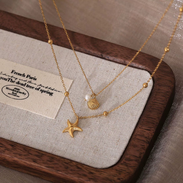 Wholesale Unisex Natural Style Double Layer Starfish Shell Clavicle Chain Stacked Necklace Titanium Steel 18K Gold Vacuum Plated