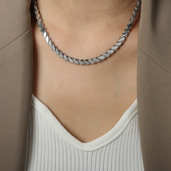 Wholesale Unisex Oval Blade Stitching Chain Design Electroplated Titanium Steel Jewelry Suit Necklace Bracelet