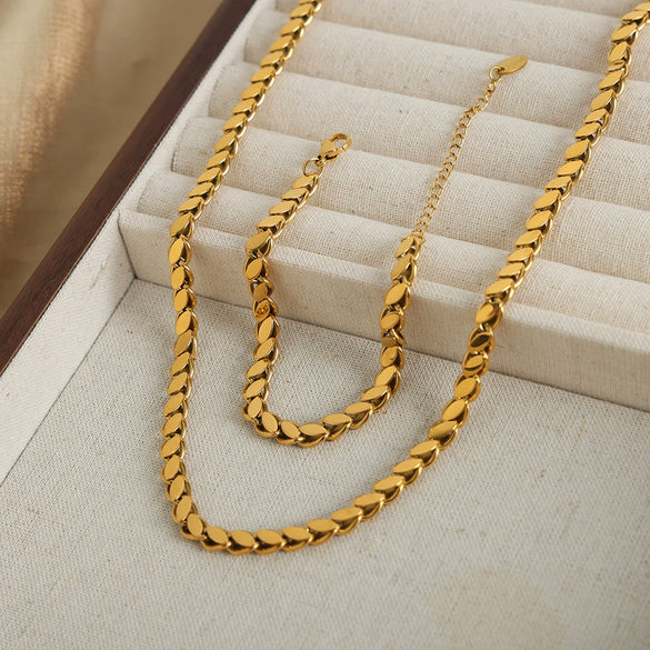 Wholesale Unisex Oval Blade Stitching Chain Design Electroplated Titanium Steel Jewelry Suit Necklace Bracelet