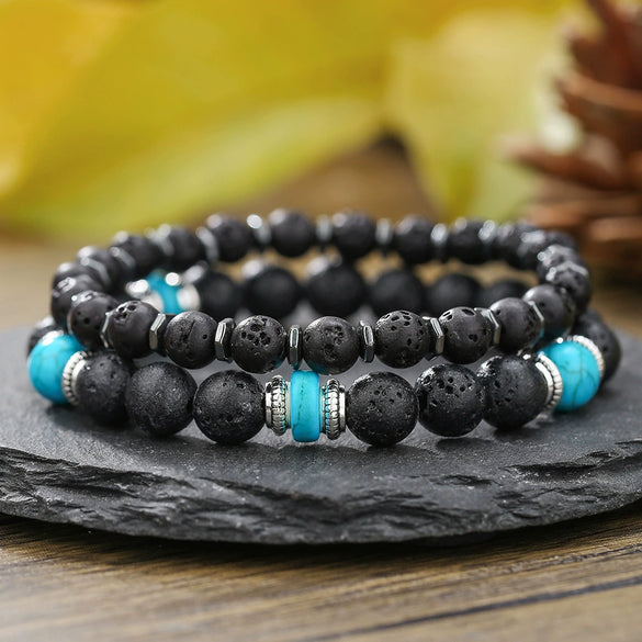 Wholesale Unisex Retro Handmade Geometric Volcanic Stone And Wooden Beads Double Layer Stacked Bracelet