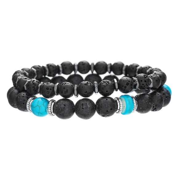 Wholesale Unisex Retro Handmade Geometric Volcanic Stone And Wooden Beads Double Layer Stacked Bracelet