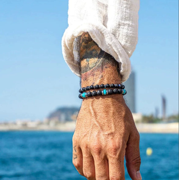 Wholesale Unisex Retro Handmade Geometric Volcanic Stone And Wooden Beads Double Layer Stacked Bracelet