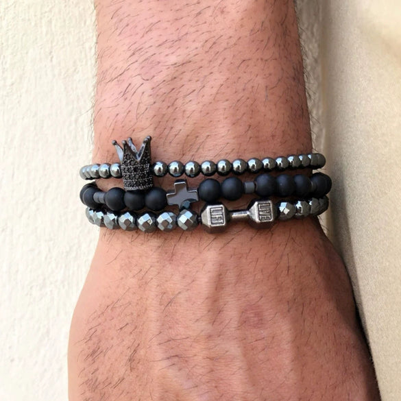 Wholesale Unisex Retro Handmade Geometric Volcanic Stone And Wooden Beads Double Layer Stacked Bracelet