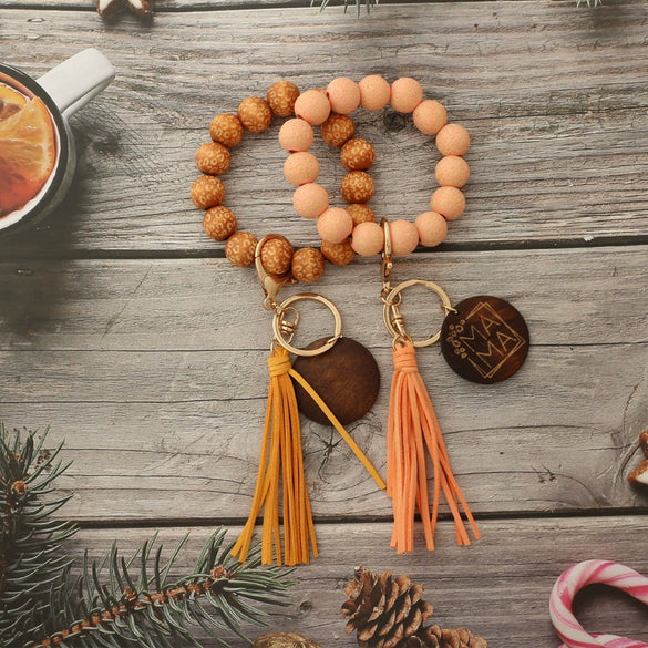 Wholesale Unisex Retro Handmade Leopard Spotted Wood Bead Bracelet Keychain
