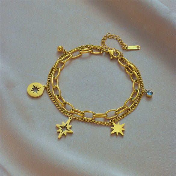 Wholesale Unisex Retro Hollow Six Pointed Star Rhinestone Double Layer Chain Titanium Steel Bracelet With Electroplating