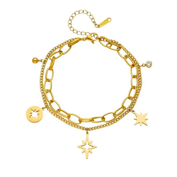 Wholesale Unisex Retro Hollow Six Pointed Star Rhinestone Double Layer Chain Titanium Steel Bracelet With Electroplating