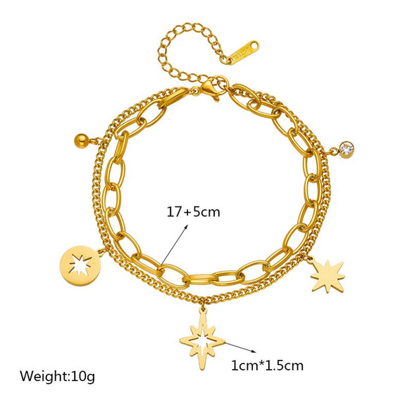 Wholesale Unisex Retro Hollow Six Pointed Star Rhinestone Double Layer Chain Titanium Steel Bracelet With Electroplating