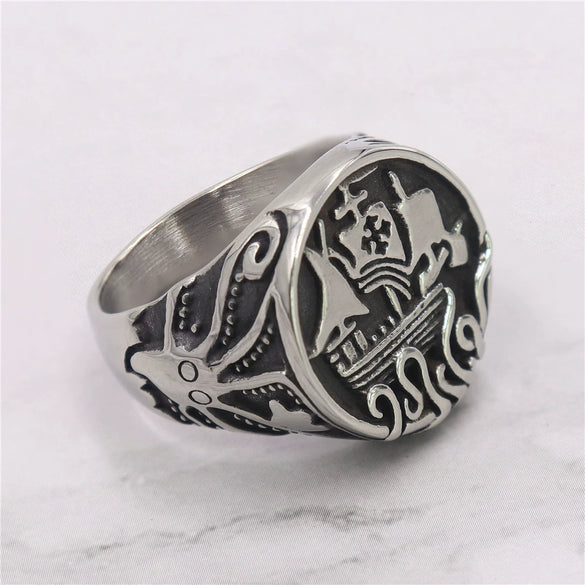 Wholesale Unisex Retro Personality Animal Zodiac Sailing Boat Octopus Polish Stainless Steel Titanium Steel Ring