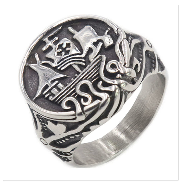 Wholesale Unisex Retro Personality Animal Zodiac Sailing Boat Octopus Polish Stainless Steel Titanium Steel Ring