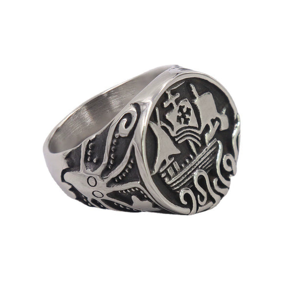 Wholesale Unisex Retro Personality Animal Zodiac Sailing Boat Octopus Polish Stainless Steel Titanium Steel Ring