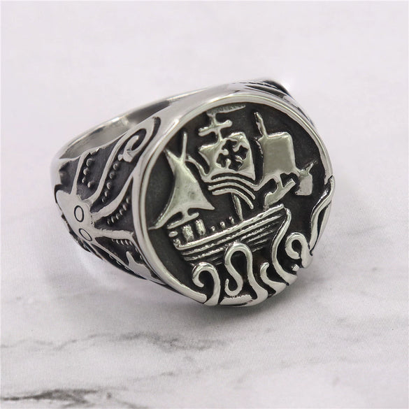 Wholesale Unisex Retro Personality Animal Zodiac Sailing Boat Octopus Polish Stainless Steel Titanium Steel Ring