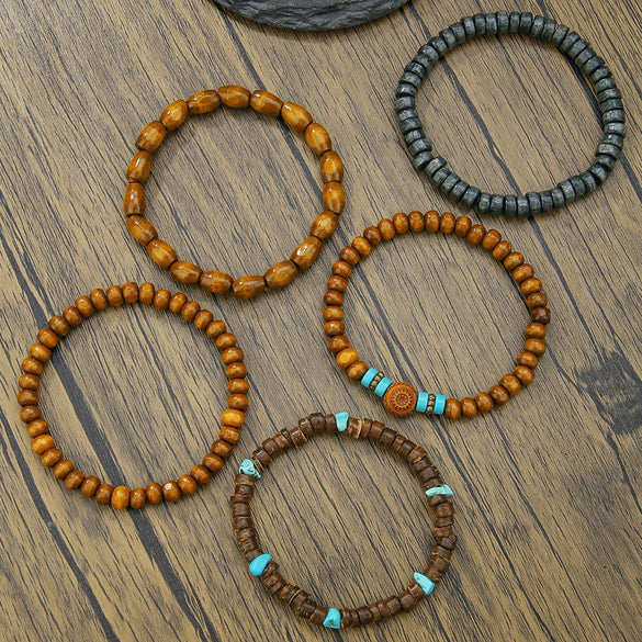 Wholesale Unisex Retro Simple Multilayer Stacked Handstring With Turquoise Wooden Beads Manual Design