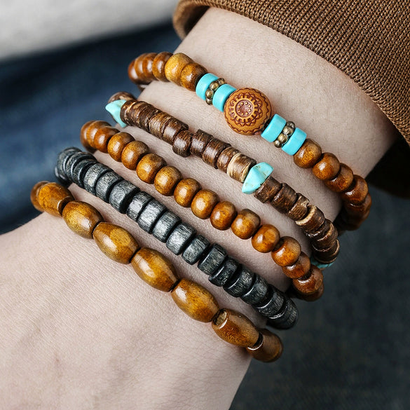 Wholesale Unisex Retro Simple Multilayer Stacked Handstring With Turquoise Wooden Beads Manual Design