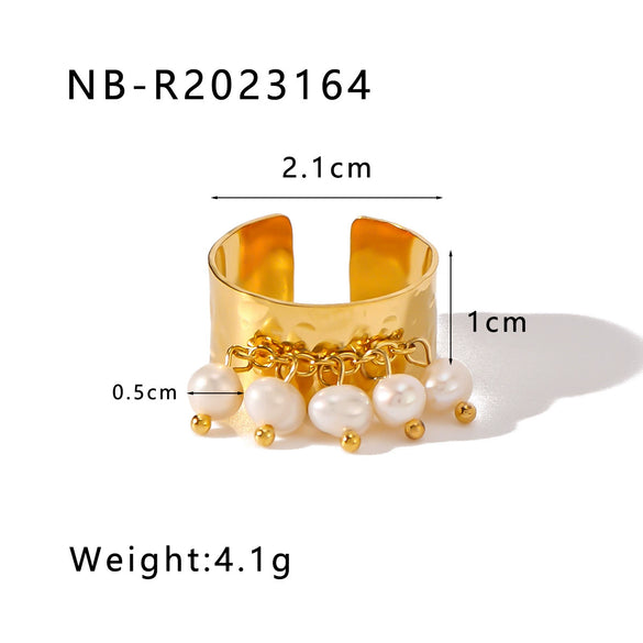 Wholesale Unisex Retro Style Natural Pearl Pendant With 18K Furnace Vacuum Plated Hollow Ring Opening Adjustable Made Of Stainless Steel Geometric Pattern
