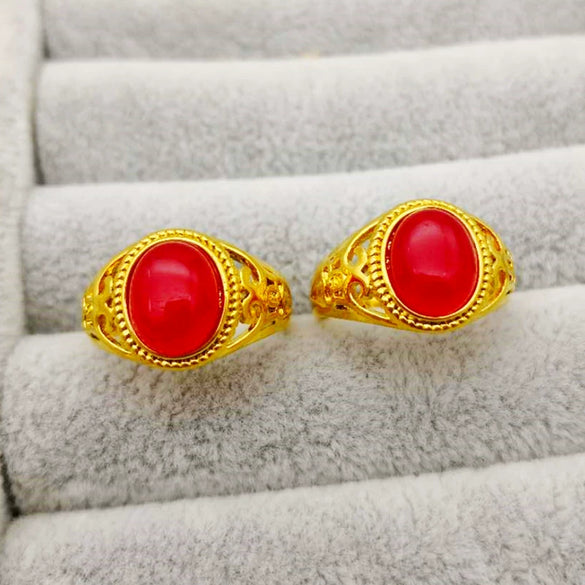 Wholesale Unisex Sand Gold Inlaid Ruby Open Ring Geometric Design 24K Gold Plated Copper