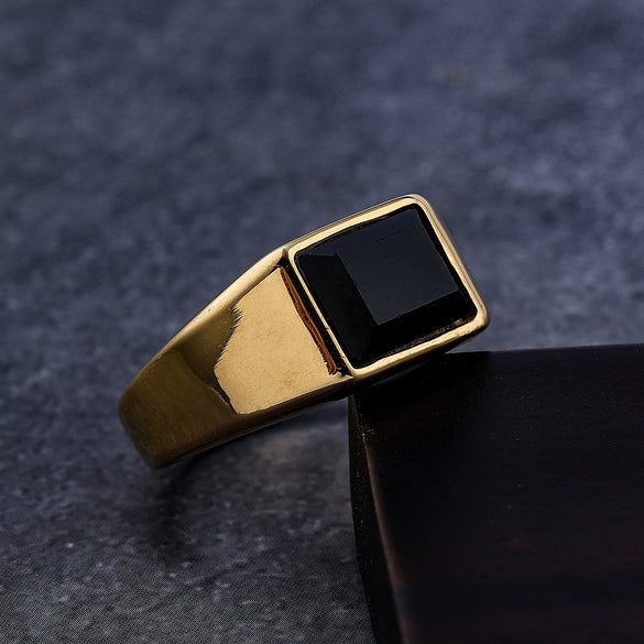 Wholesale Unisex Simple Black Gemstone Geometric Stainless Steel Ring With Polish Finish