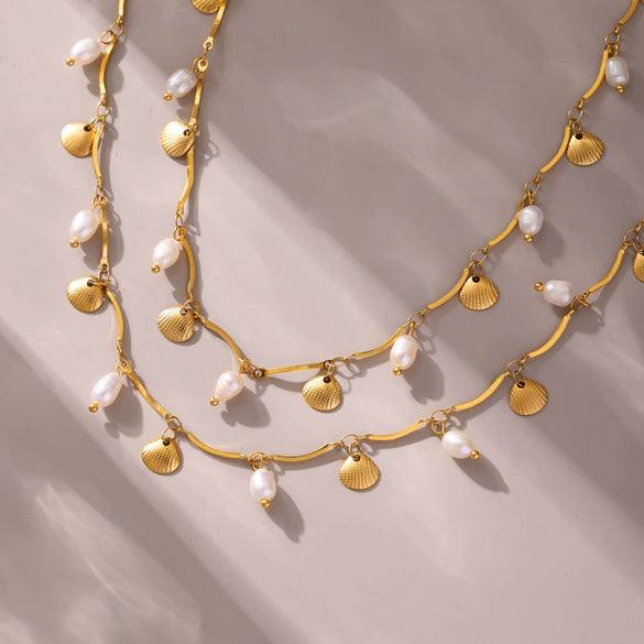 Wholesale Unisex Simple Geometric Ferris Wheel And Fan Shell Tassel Necklace With Freshwater Pearl And Stainless Steel Electroplated