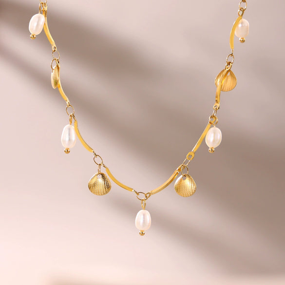 Wholesale Unisex Simple Geometric Ferris Wheel And Fan Shell Tassel Necklace With Freshwater Pearl And Stainless Steel Electroplated