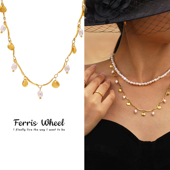 Wholesale Unisex Simple Geometric Ferris Wheel And Fan Shell Tassel Necklace With Freshwater Pearl And Stainless Steel Electroplated
