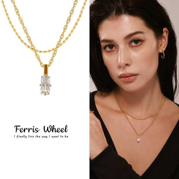 Wholesale Unisex Simple Geometric Ferris Wheel Rectangular Zircon Necklace In Titanium Steel With Electroplating