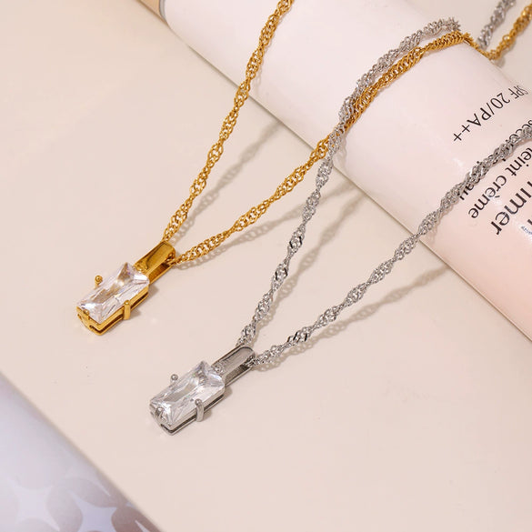 Wholesale Unisex Simple Geometric Ferris Wheel Rectangular Zircon Necklace In Titanium Steel With Electroplating