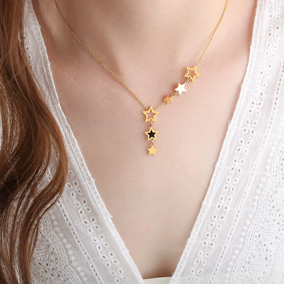 Wholesale Unisex Simple Geometric Fivepointed Star Goldplated Titanium Steel Pendant Necklace
