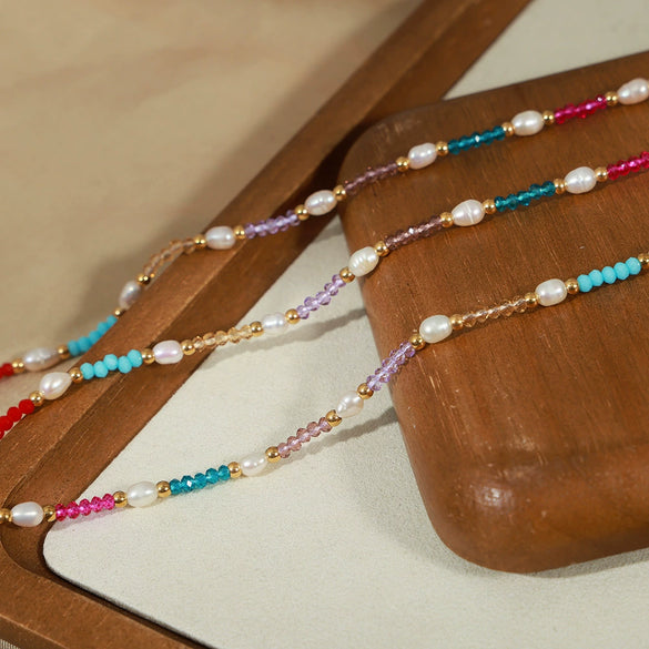 Wholesale Unisex Simple Geometric Freshwater Pearl Natural Stone Beaded Titanium Steel Gold Plated Necklace