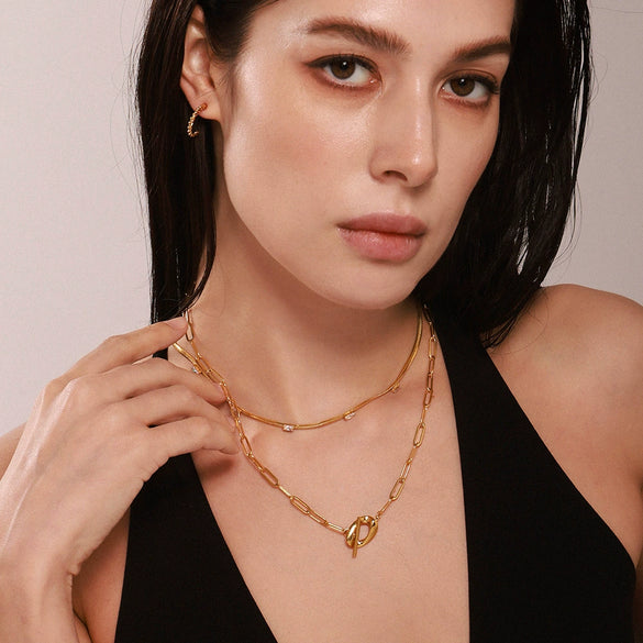 Wholesale Unisex Simple Geometric Stainless Steel And Titanium Steel Electroplated Ferris Wheel Otter Buckle Pendant Double Layer Overlapping Clavicle Necklace With Inlaid Zircon
