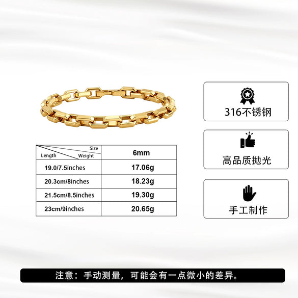Wholesale Unisex Simple Geometric 316 Stainless Steel Electroplated Square Spliced Paperclip Chain Bracelet Jewelry