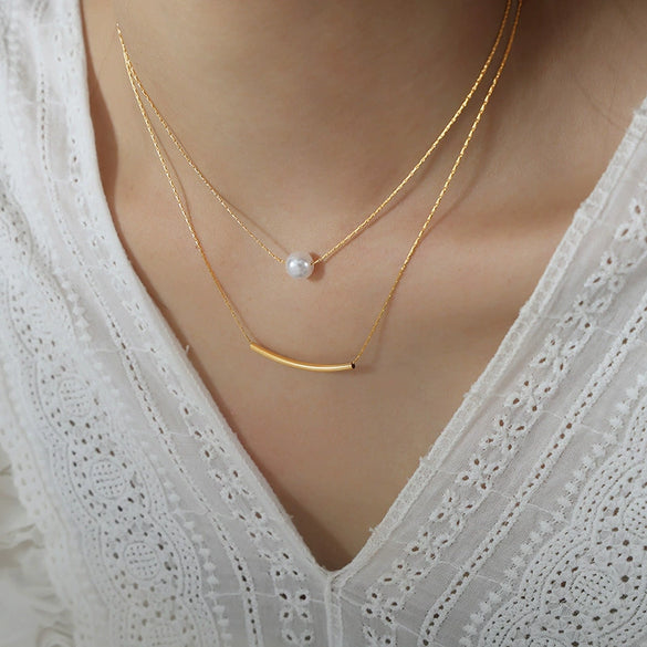 Wholesale Unisex Simple Geometric Titanium Steel Goldplated Bead Pendant Doublelayer Stacked Necklace