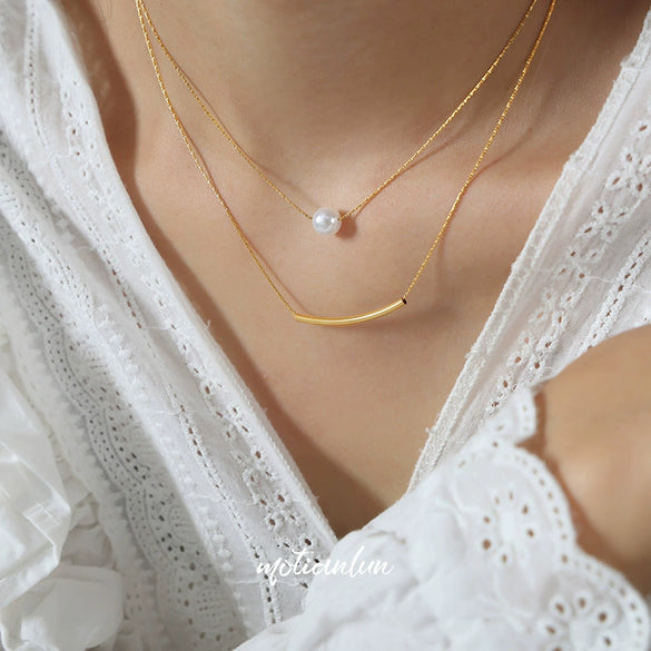 Wholesale Unisex Simple Geometric Titanium Steel Goldplated Bead Pendant Doublelayer Stacked Necklace