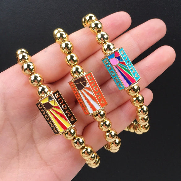 Wholesale Unisex Simple Letter Enamel Oil Dropping Metal Bead Multi Layer Stacked Bracelet