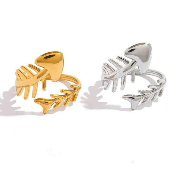 Wholesale Unisex Stainless Steel Animal Zodiac Pattern Fishbone Open Ring With Pvd Furnace Vacuum Real Gold Plating In Ins Style And Minimalist Design
