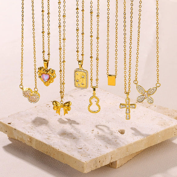 Wholesale Unisex Stainless Steel Cross Butterfly Heart Pendant Necklace With 18K Gold Plated Electroplating