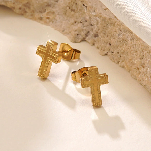 Wholesale Unisex Stainless Steel Cross Crown Roman Numerals Goldplated Necklace Earrings Jewelry Set