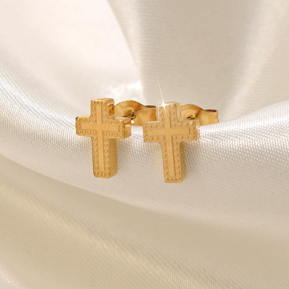 Wholesale Unisex Stainless Steel Cross Crown Roman Numerals Goldplated Necklace Earrings Jewelry Set