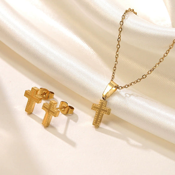 Wholesale Unisex Stainless Steel Cross Crown Roman Numerals Goldplated Necklace Earrings Jewelry Set