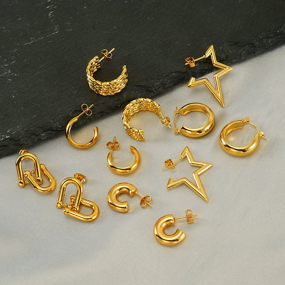 Wholesale Unisex Stainless Steel Electroplated Geometric Round Woven Hoop Earrings With Ushaped And Star Patterns