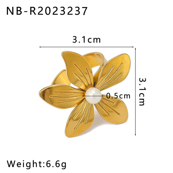 Wholesale Unisex Stainless Steel Flower Pearl Ring With Geometric Pattern And 18K Furnace Vacuum Plating