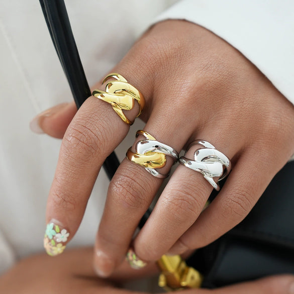 Wholesale Unisex Stainless Steel Geometric Cross Lines Ring With Pvd Furnace Vacuum Real Gold Plating