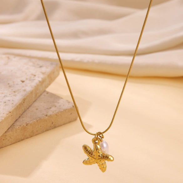 Wholesale Unisex Stainless Steel Gold Electroplated Seahorse Starfish Pendant Cross Chain Necklace