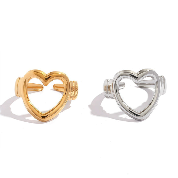 Wholesale Unisex Stainless Steel Heartshaped Open Ring With Vacuum Real Gold Plating In Pvd Furnace