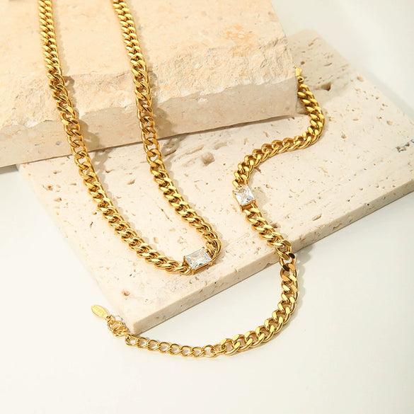 Wholesale Unisex Stainless Steel Jewelry With Rectangular Zircon Inlay And Cuban Chain Pvdp Furnace Real Gold Treated