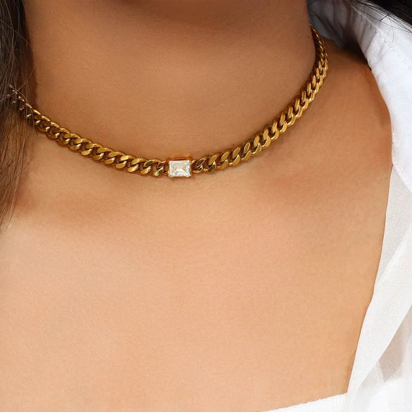 Wholesale Unisex Stainless Steel Jewelry With Rectangular Zircon Inlay And Cuban Chain Pvdp Furnace Real Gold Treated