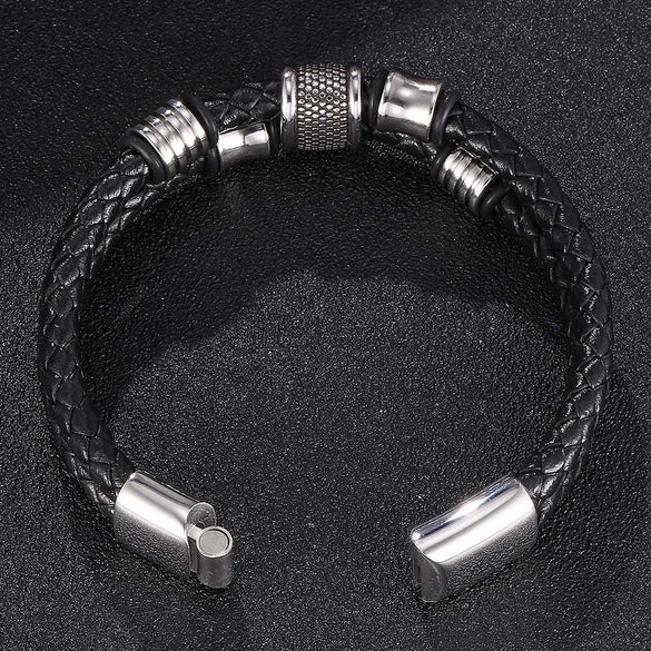 Wholesale Unisex Stainless Steel Leather Jewelry Bracelet With Inverted Magnetic Buckle And Geometric Design