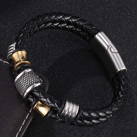 Wholesale Unisex Stainless Steel Leather Jewelry Bracelet With Inverted Magnetic Buckle And Geometric Design