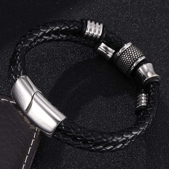 Wholesale Unisex Stainless Steel Leather Jewelry Bracelet With Inverted Magnetic Buckle And Geometric Design