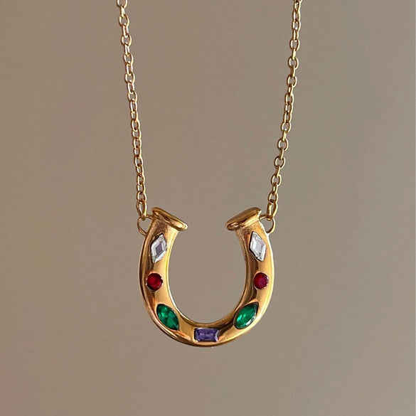 Wholesale Unisex Stainless Steel O Chain Necklace With Geometric Ushaped Pendant Electroplated And Inlaid Zircon Featuring Rainbow And Horseshoe Lucky Symbol