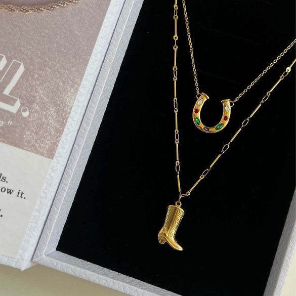 Wholesale Unisex Stainless Steel O Chain Necklace With Geometric Ushaped Pendant Electroplated And Inlaid Zircon Featuring Rainbow And Horseshoe Lucky Symbol